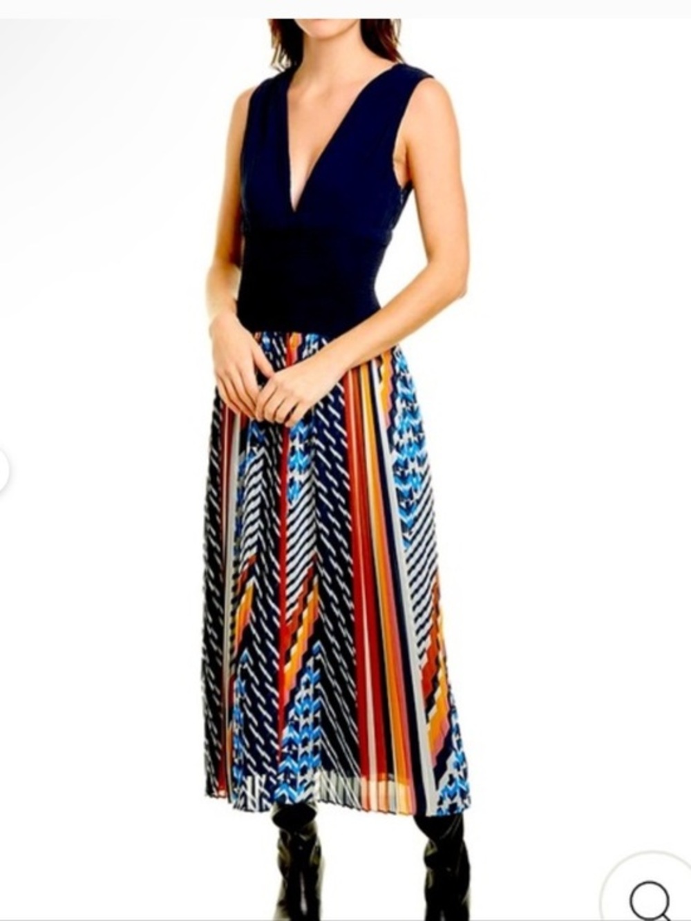 Ramy Brook Navy & Multicolor Pleated Maxi Dress